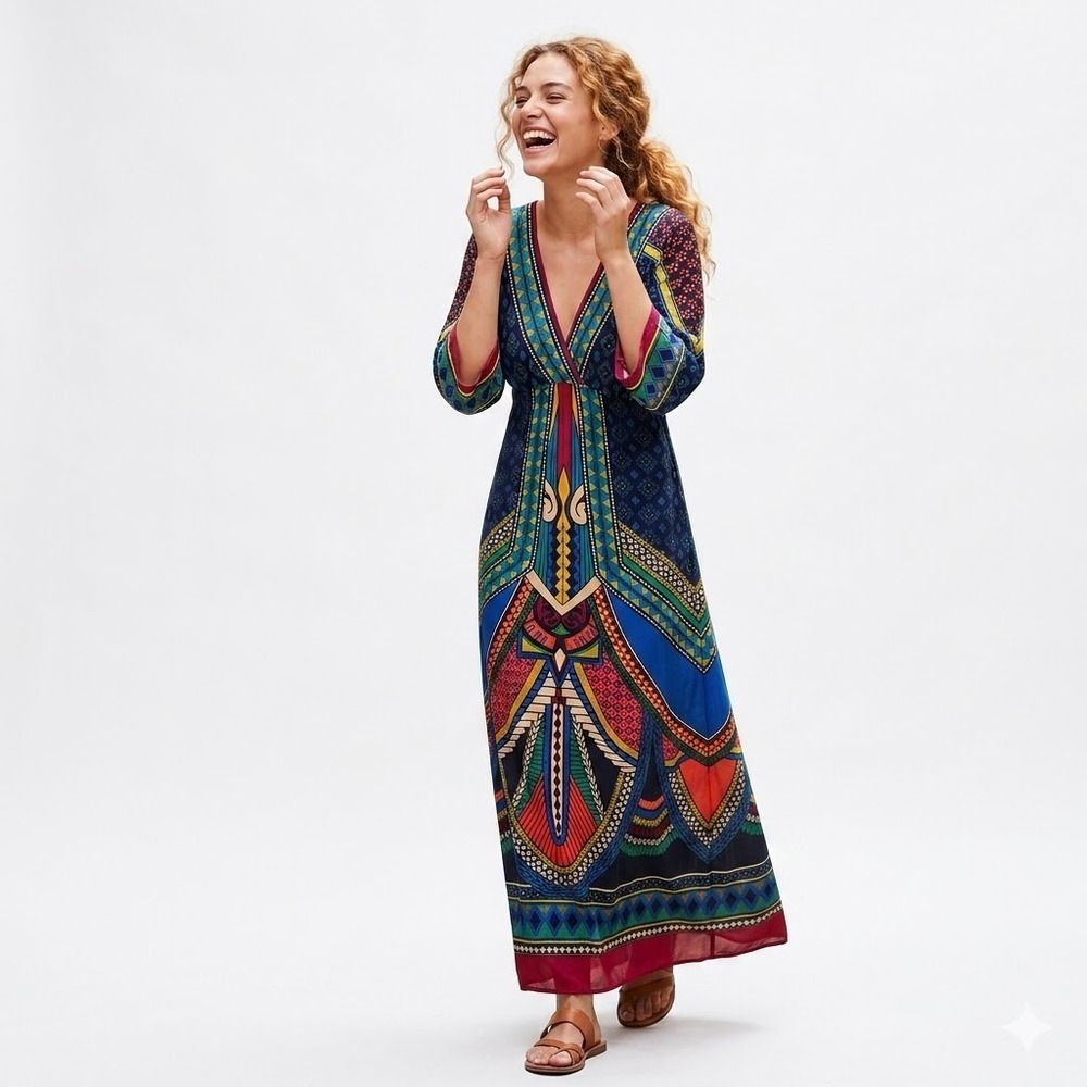 Flying Tomato Maxi Dress Women Medium Multicolor Geometric Boho Eclectic